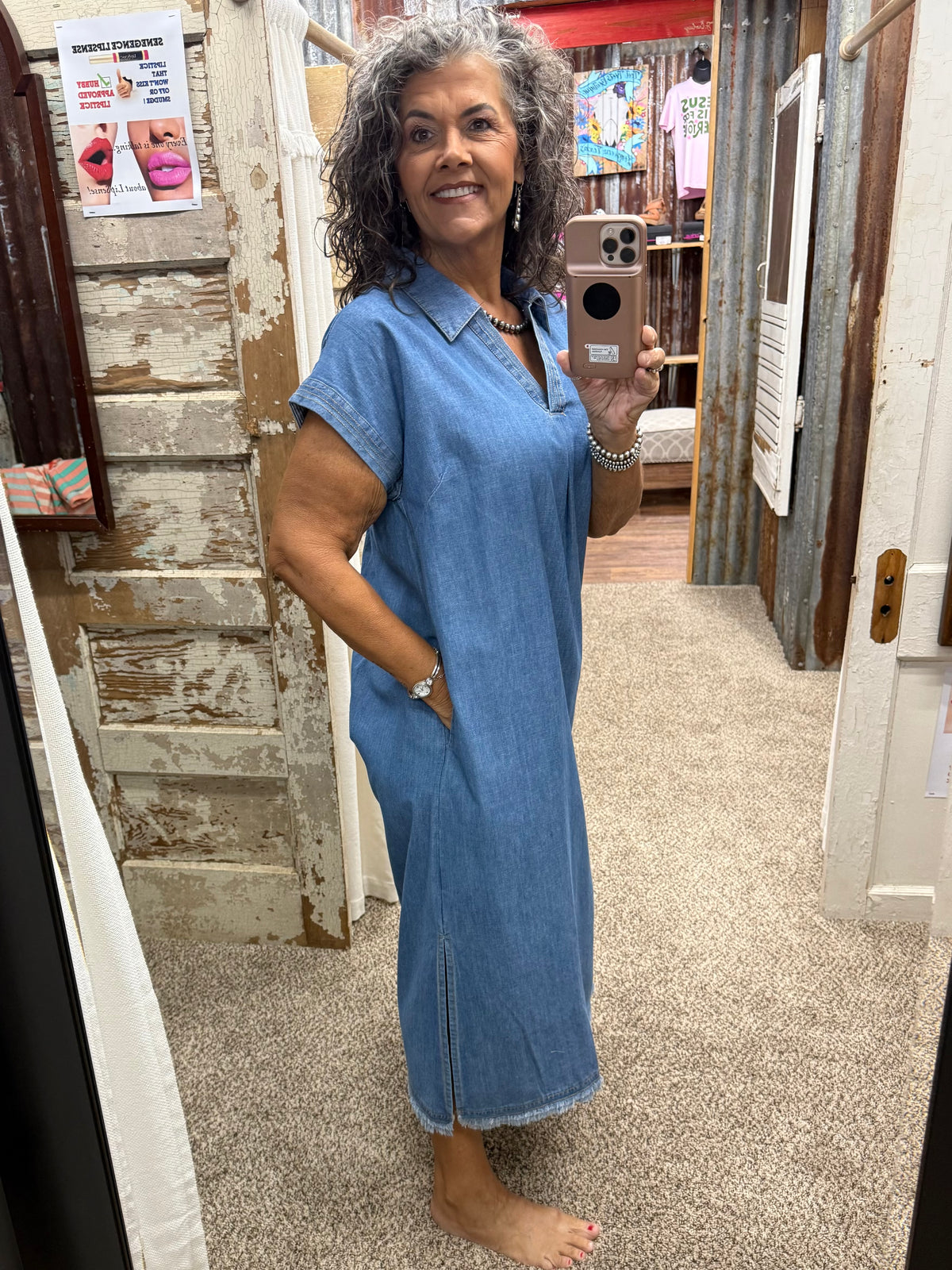 UMGEE Light Denim Washed Collared Denim Midi Dress