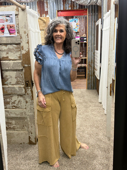 Ruffle Sleeve Mineral Washed Tencel Top: DENIM