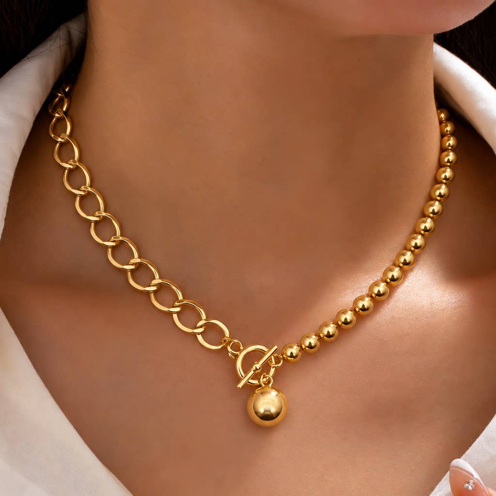 Gold-Tone Mixed Link & Round Bead Pendant Necklace | 25N380: GOLD