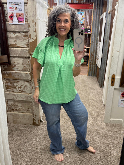 UMGEE Island Green Trim Puff Sleeve Top