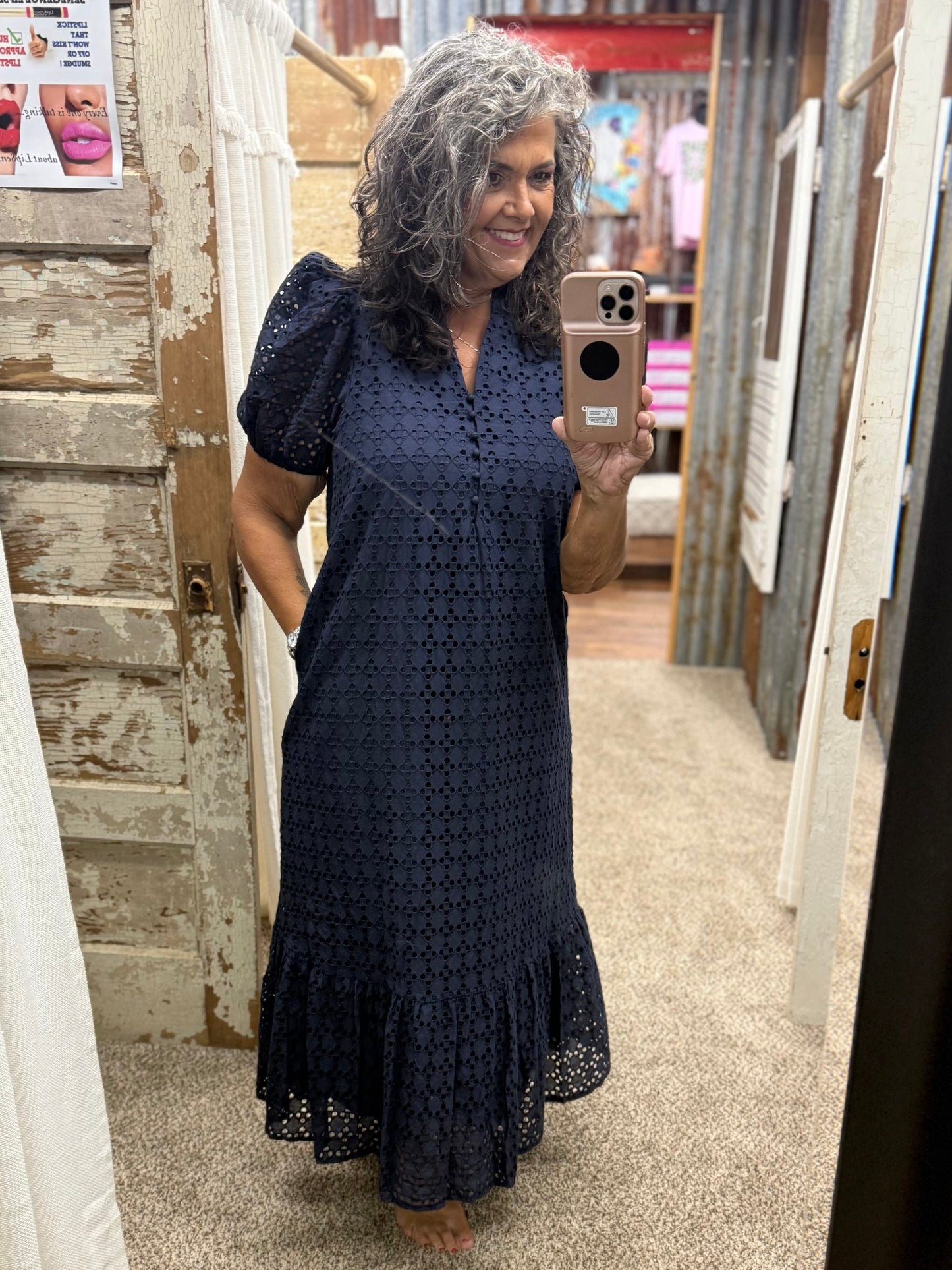 Entro Navy Eyelet Midi Dress