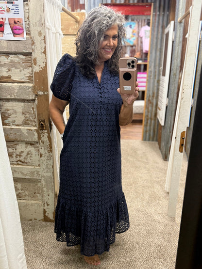 Entro Navy Eyelet Midi Dress