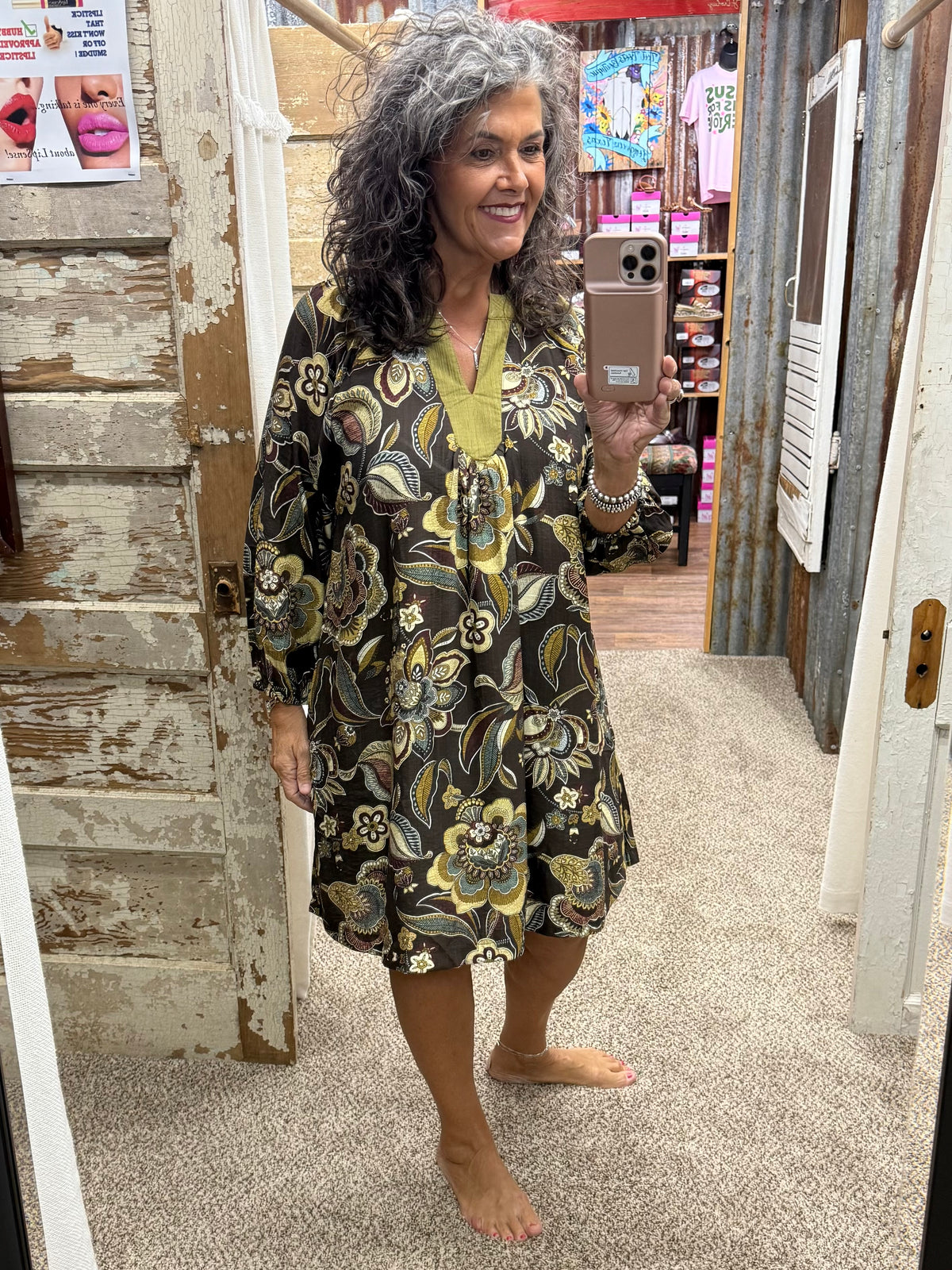 UMGEE Brown Floral Paisley Split Neck Mini Dress