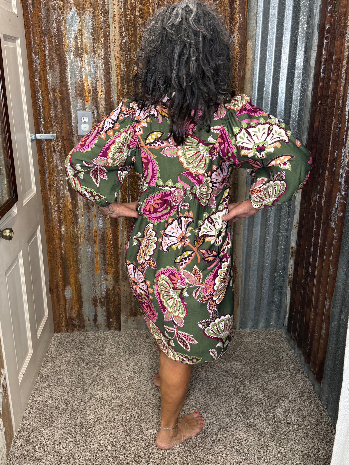UMGEE Olive Abstract Print Puff Sleeve Babydoll Dress