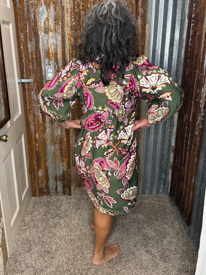 UMGEE Olive Abstract Print Puff Sleeve Babydoll Dress