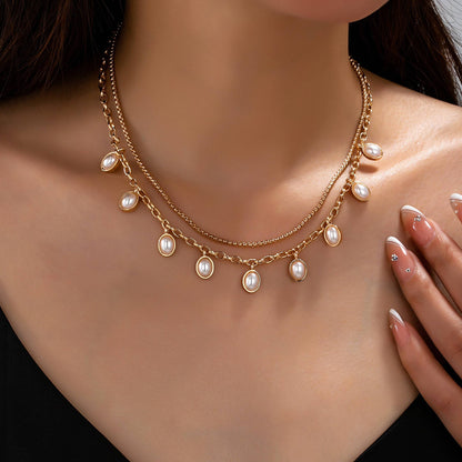 Layered Gold Chain Pearl Charm Necklace | 80N93660: GOLD