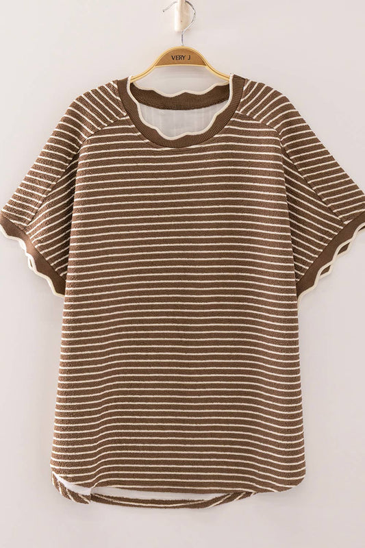 Scallop Trim Stripe Knit Top: MOCHA STRIPE