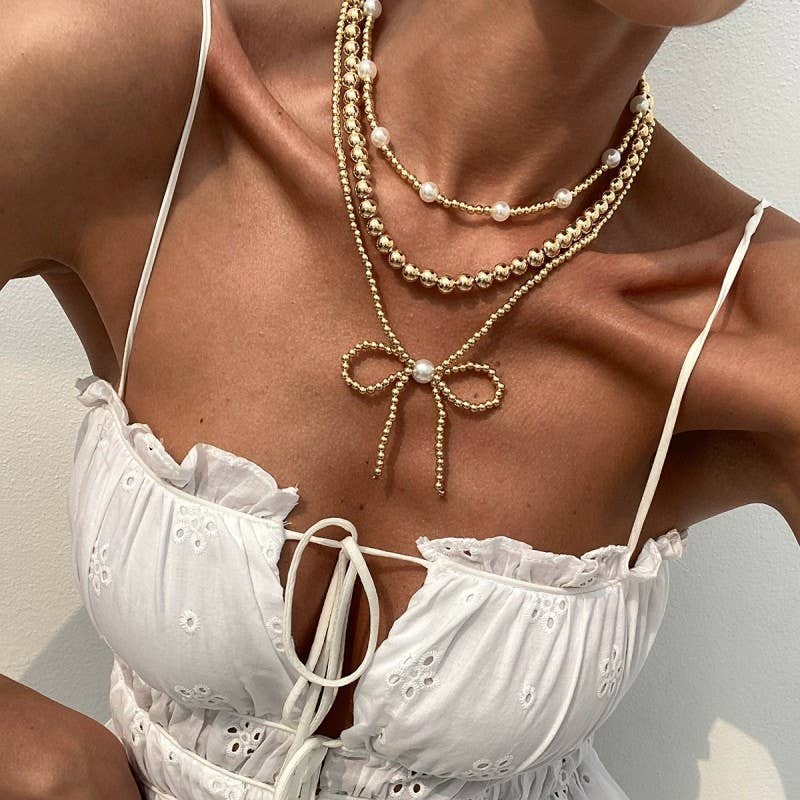 Josslyn Gold Multilayer Ball Chain Pearl Bow Necklace