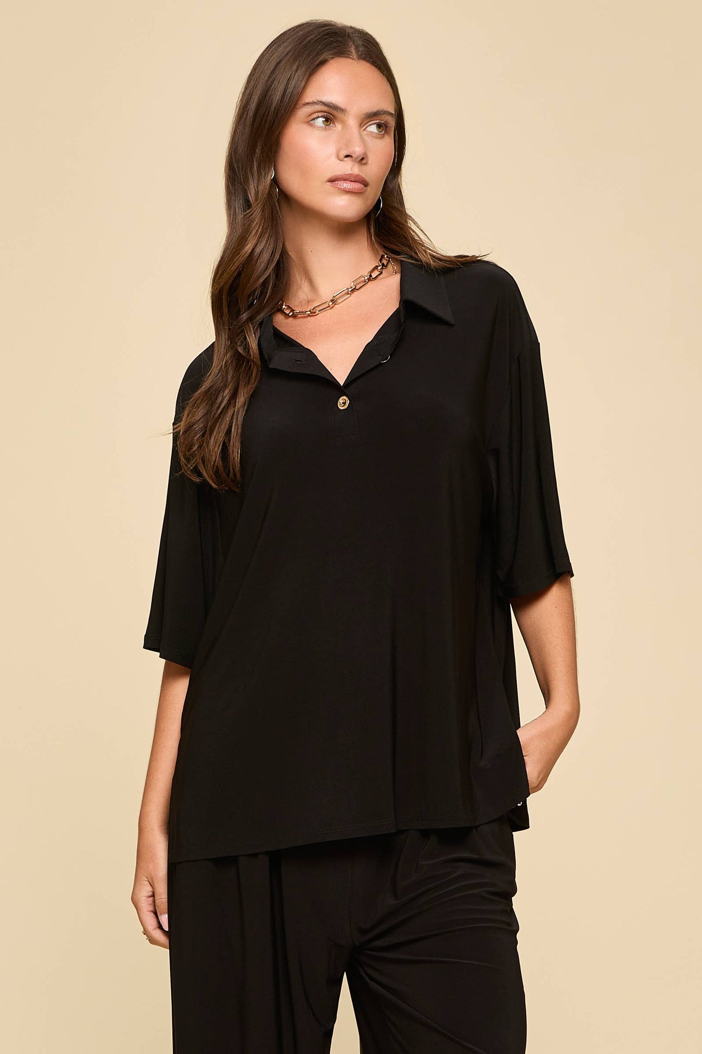 2-Piece Blouse + Relaxed Pants Resort Wear Black Set