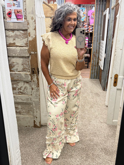 WASHED FLOWER PRINTED TWILL RUFFLED DETAIL WIDE PANTS