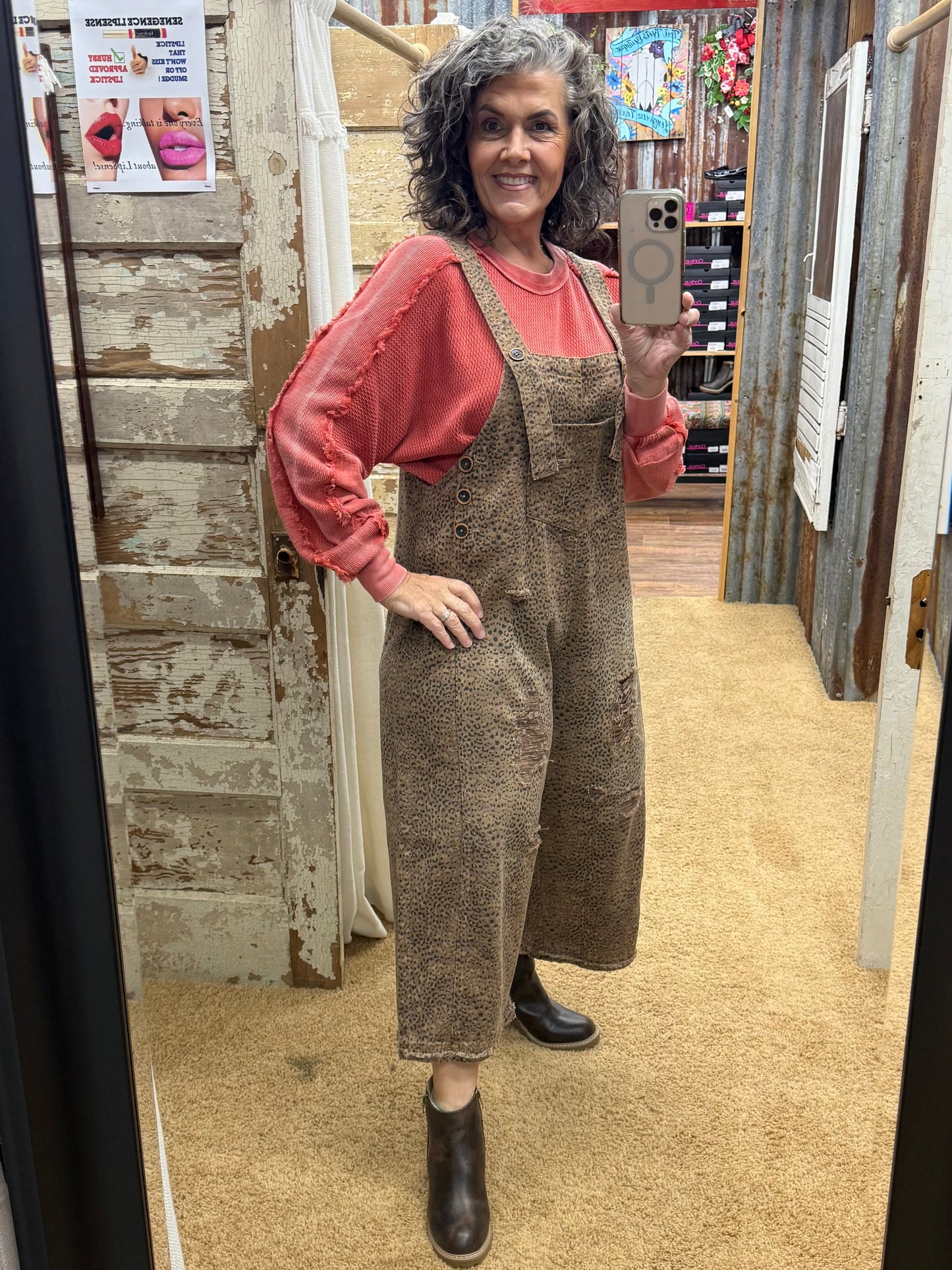 MOCHA ANIMAL PRINTED WASHED DEINIM OVERALLS