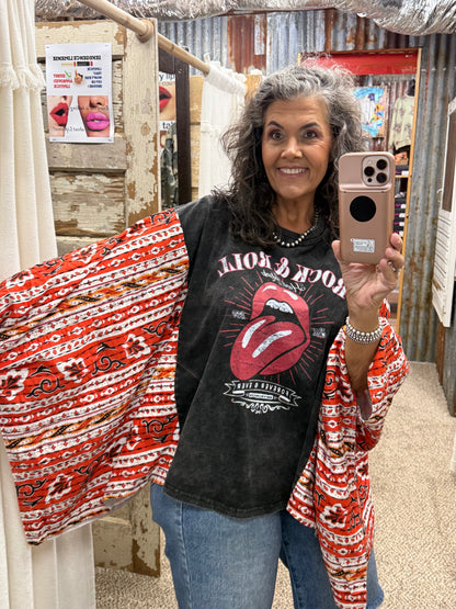 BlueVelvet Rock & Roll Graphic Poncho Top - Black Multi
