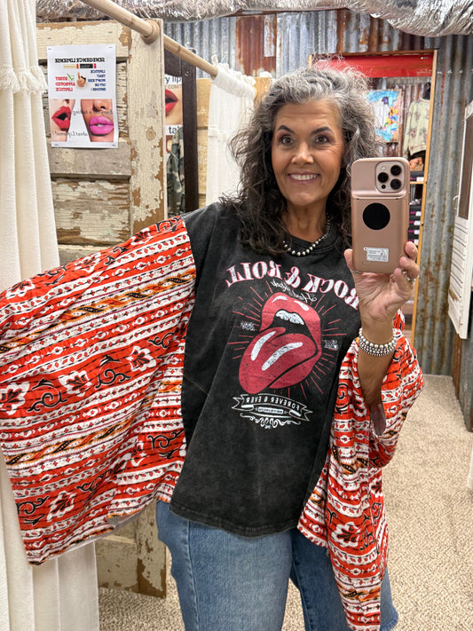 BlueVelvet Rock & Roll Graphic Poncho Top - Black Multi