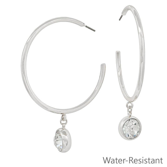 Water Resistant 2" Silver Hoop Earring with Circle Crystal Drop