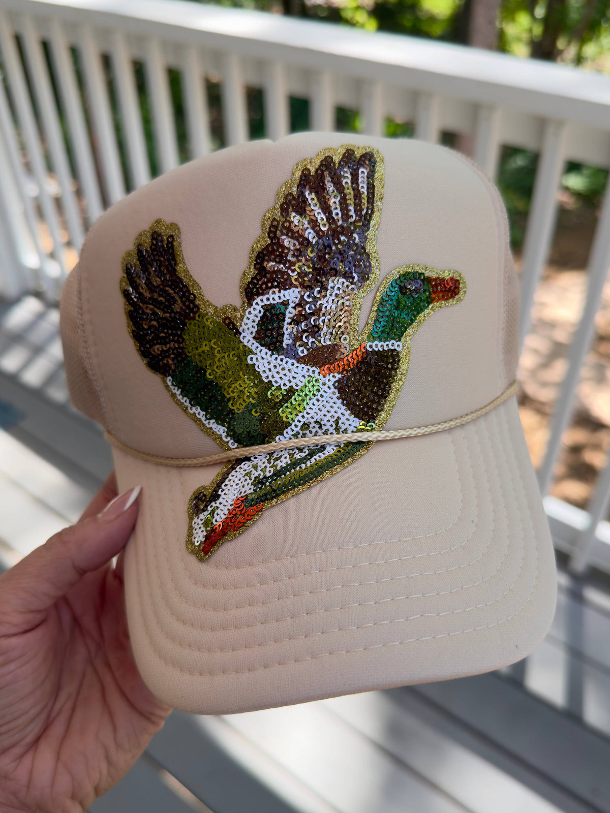 Backwoods Bougie Sequin Trucker Hat - Tan Sequin Mallard