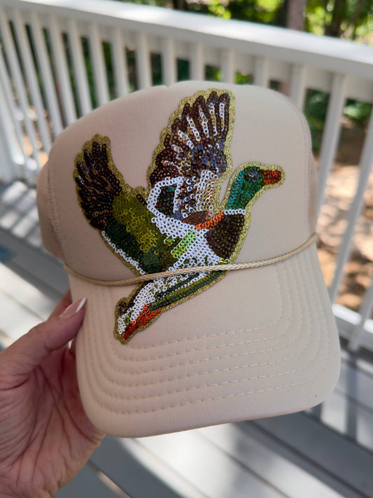 Backwoods Bougie Sequin Trucker Hat - Tan Sequin Mallard