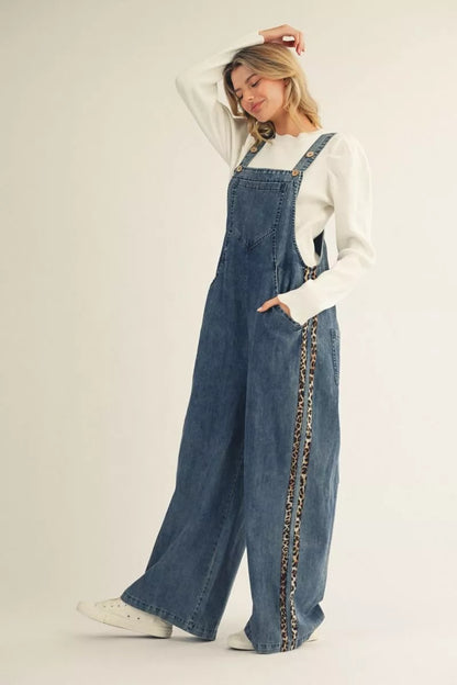 Denim / Leopard Trim Overalls