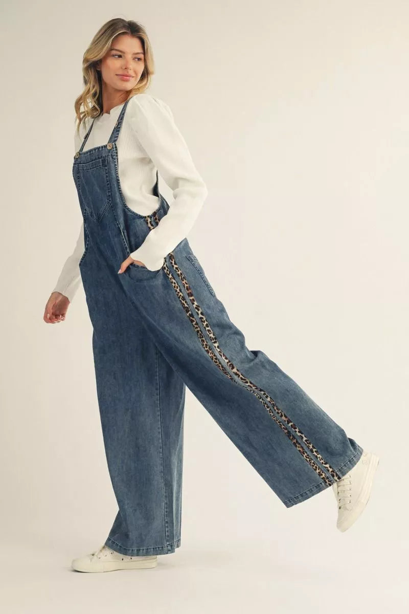 Denim / Leopard Trim Overalls