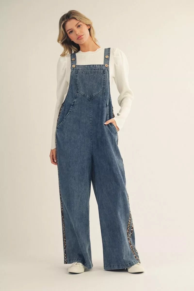 Denim / Leopard Trim Overalls