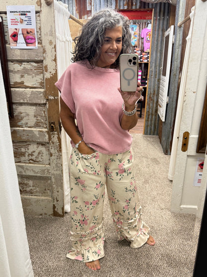 WASHED FLOWER PRINTED TWILL RUFFLED DETAIL WIDE PANTS
