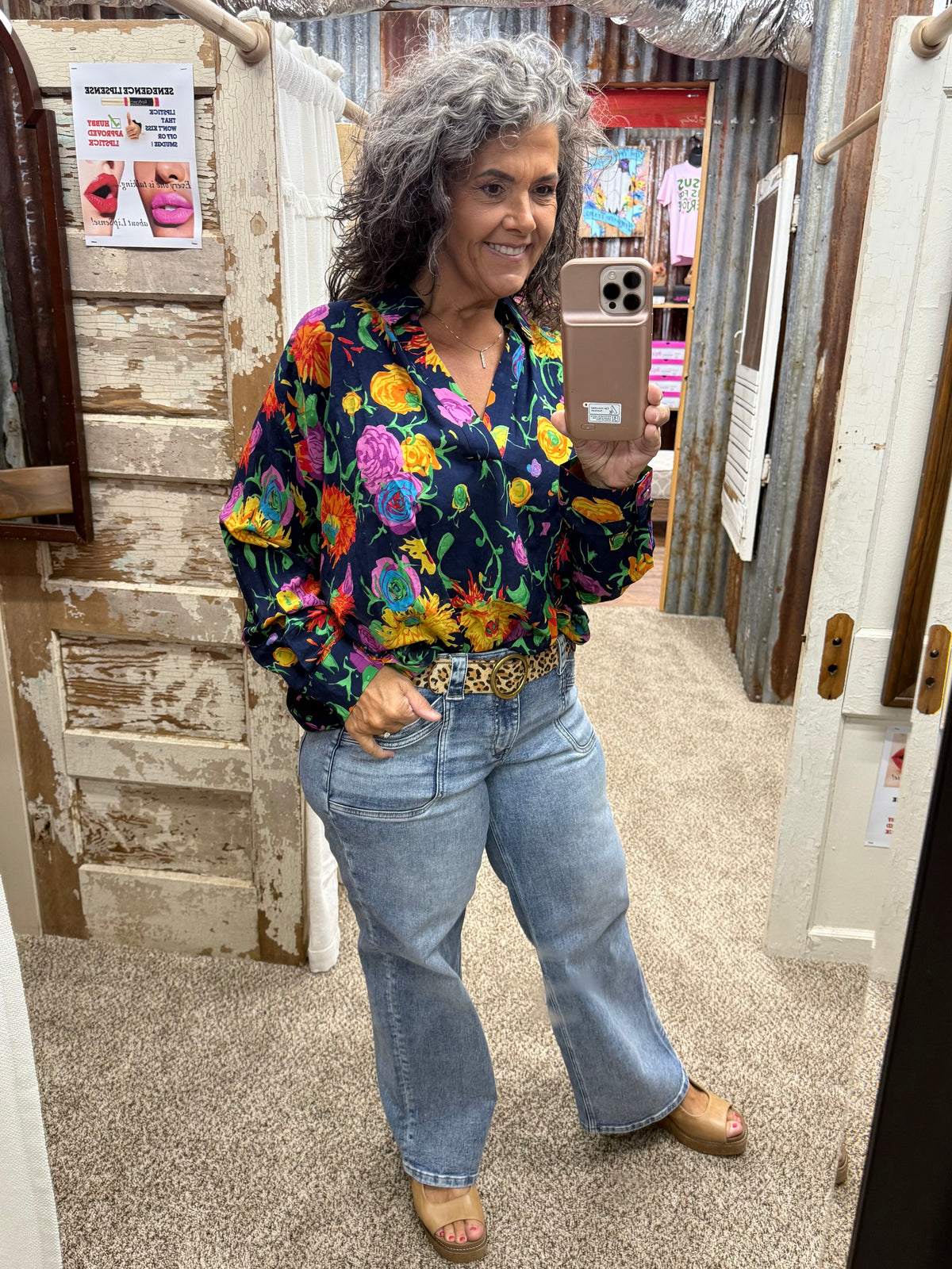 UMGEE Navy Floral Print Surplice Long Sleeve Blouse