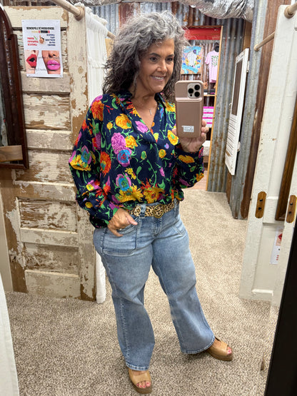 UMGEE Navy Floral Print Surplice Long Sleeve Blouse