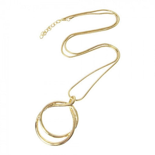 Double Ring Long Statement Necklace: Yellow Gold