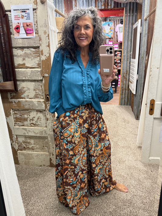 UMGEE Teal Blue Ruffle Trim V-Neck Long Sleeve Blouse