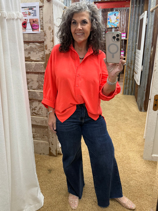 Sloane Button Up Top- Neon Coral