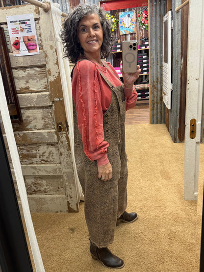 MOCHA ANIMAL PRINTED WASHED DEINIM OVERALLS