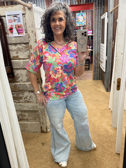 Floral V-Neck Top with Shoulder Detail