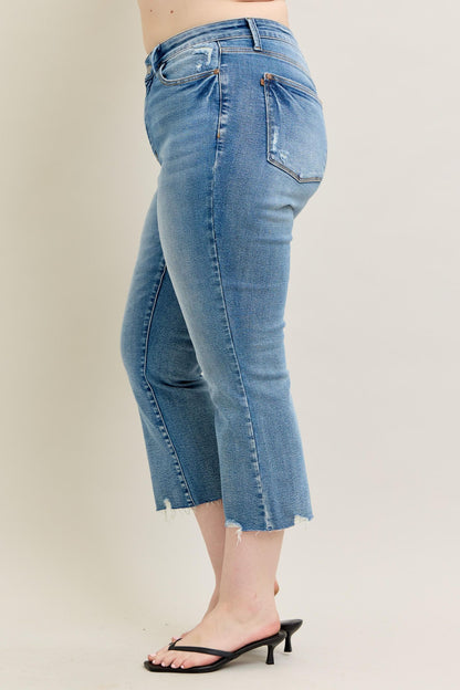 Judy Blue Mid Rise Vintage Wash Destroy Hem Kick Flare Jeans 88979