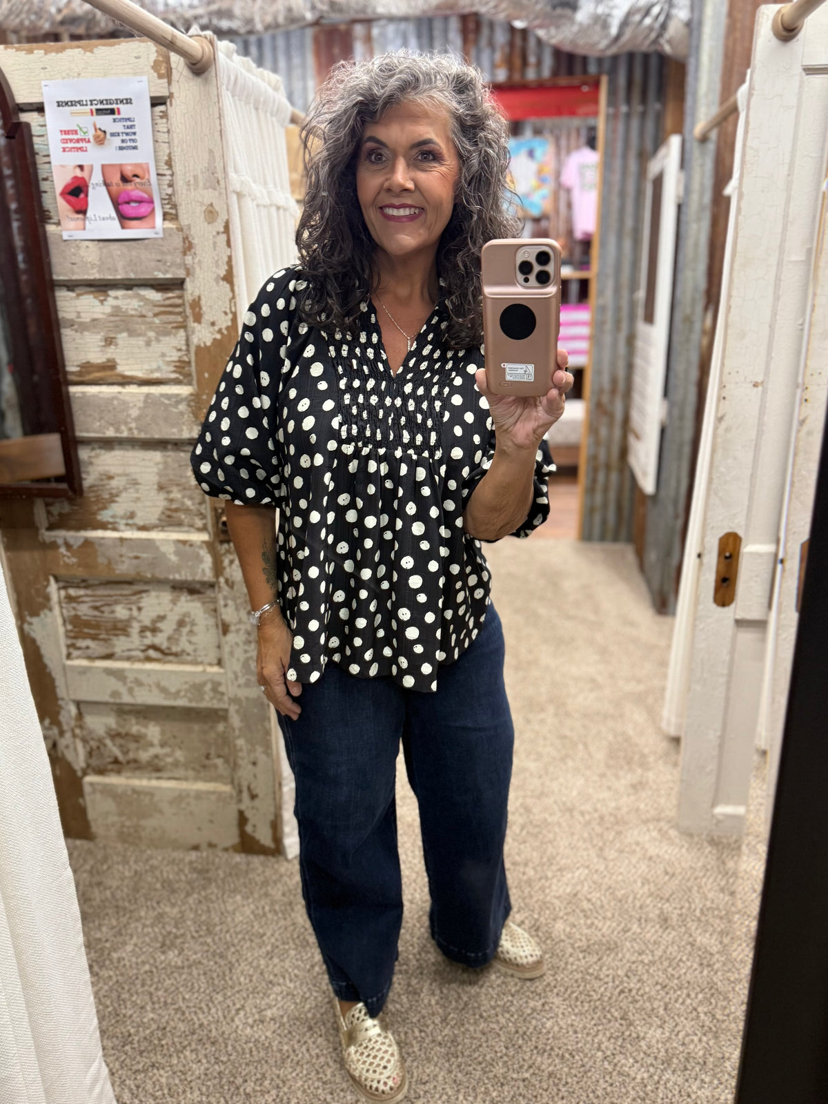 UMGEE Black Polka Dot Smocked Yoke Blouse