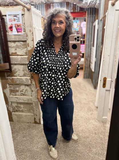 UMGEE Black Polka Dot Smocked Yoke Blouse