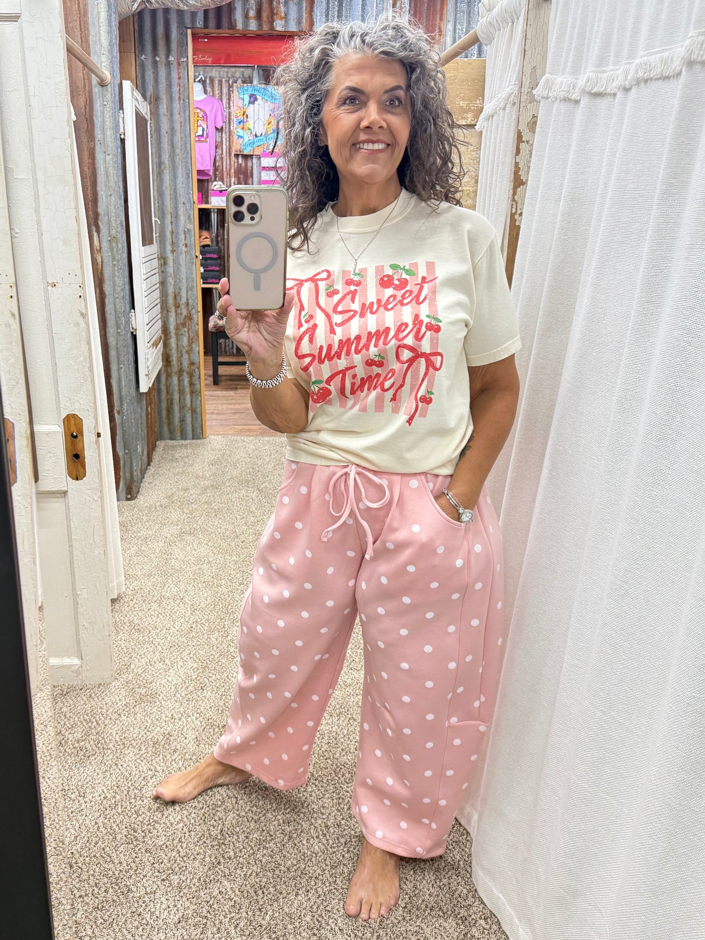 Lt Pink Polka Dot Heavy Scuba Barrel Lounge Pants