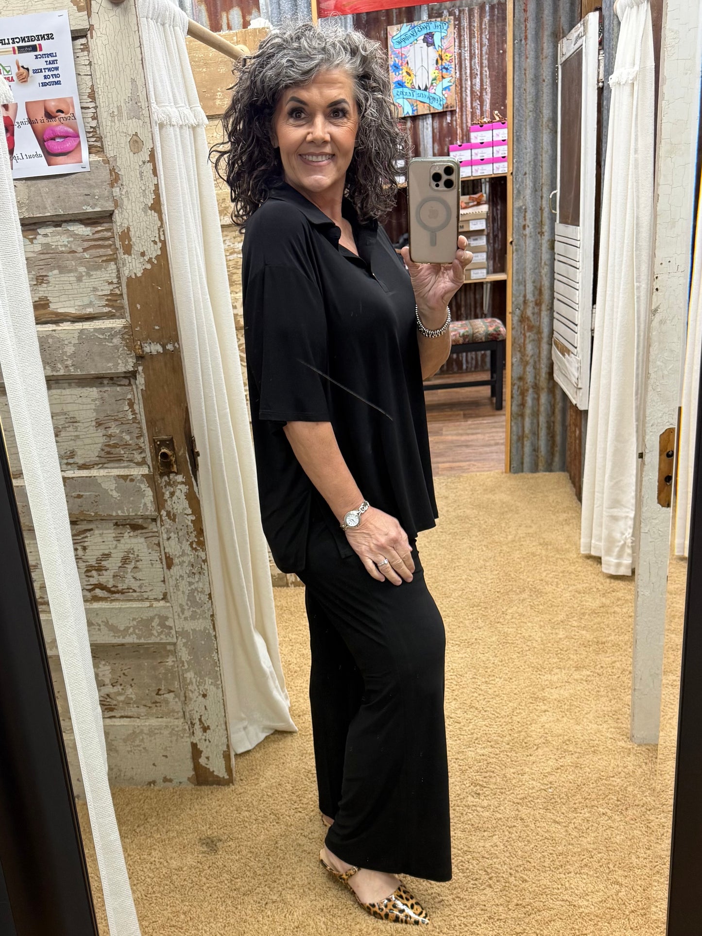 2-Piece Blouse + Relaxed Pants Resort Wear Black Set