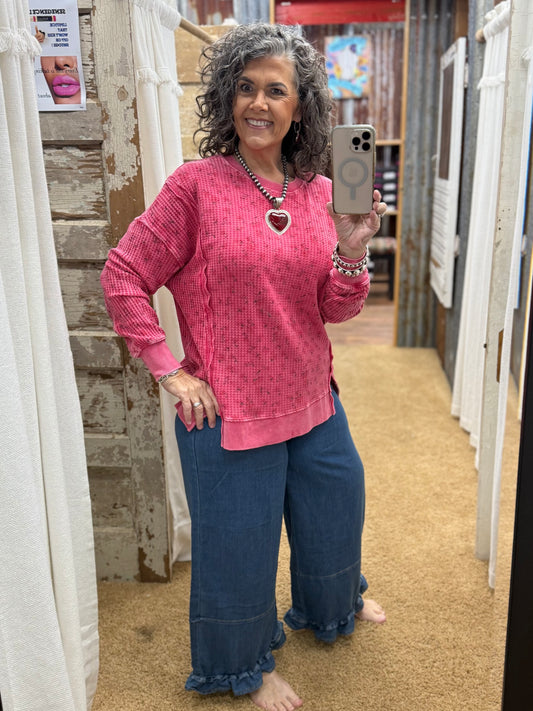 POPPY RED FLORAL PRINTED THERMAL MINERAL WASHED PULLOVER