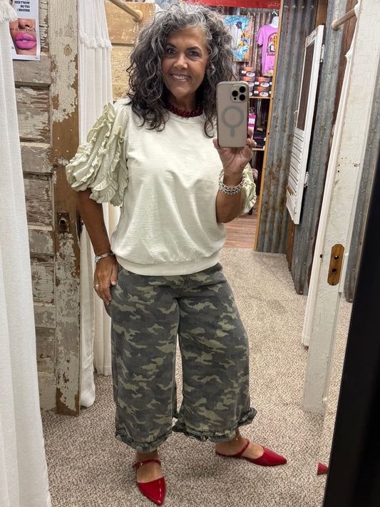 CAMOUFLAGE DENIM RUFFLED HEM MID RISE BLOOMER PANTS