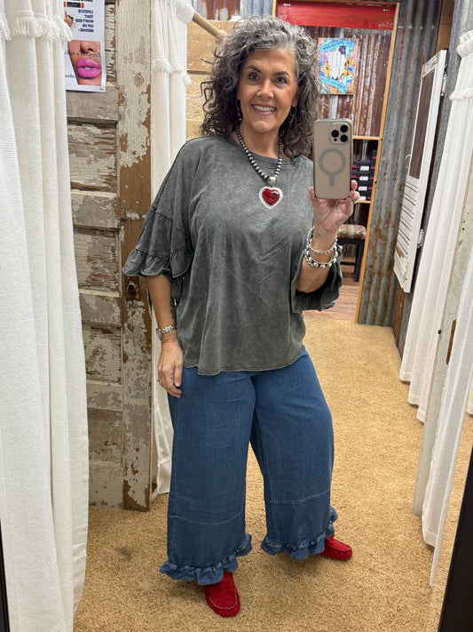 BLACK WING RUFFLE SLVS WASHED COTTON SLUB TOP