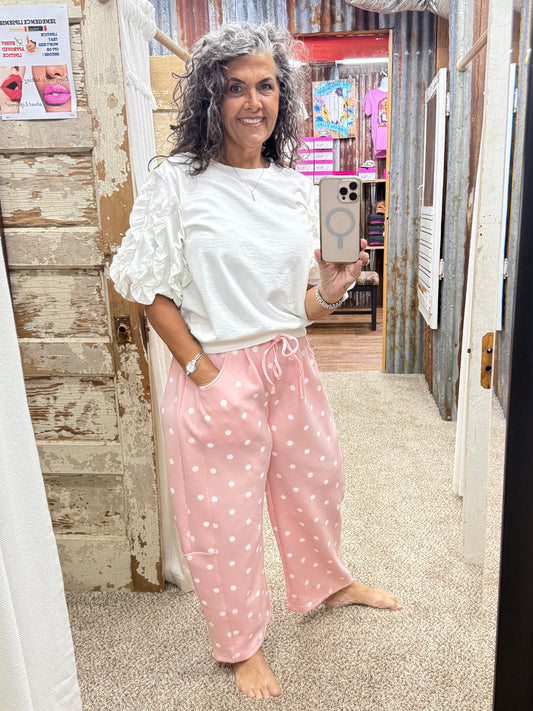 Lt Pink Polka Dot Heavy Scuba Barrel Lounge Pants