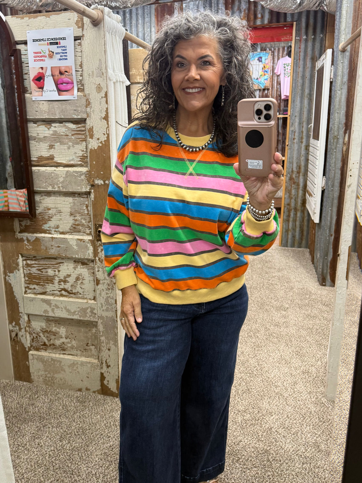 Mineral Washed Terry Stripe Pullover: HONEY COMBO