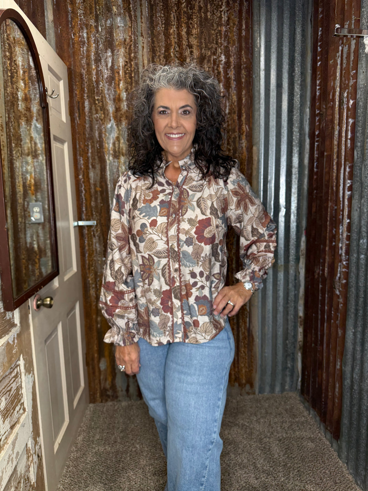 UMGEE Rust Mix Jacquard Floral Lace Trim Button Front Blouse
