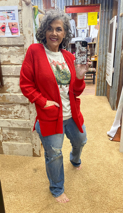 Red Waffle Open Cardigan