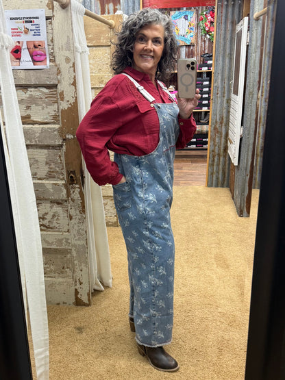 FLORAL PRINTED WASHED OVERALLS