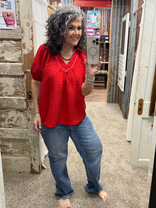 UMGEE Red Textured V-Neck Short Sleeve Top