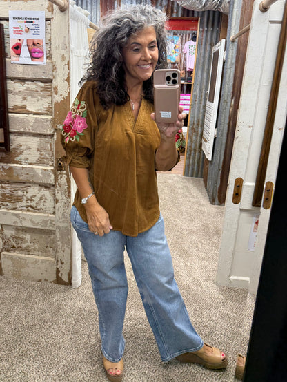 UMGEE Camel Embroidered Sleeve Corduroy Blouse