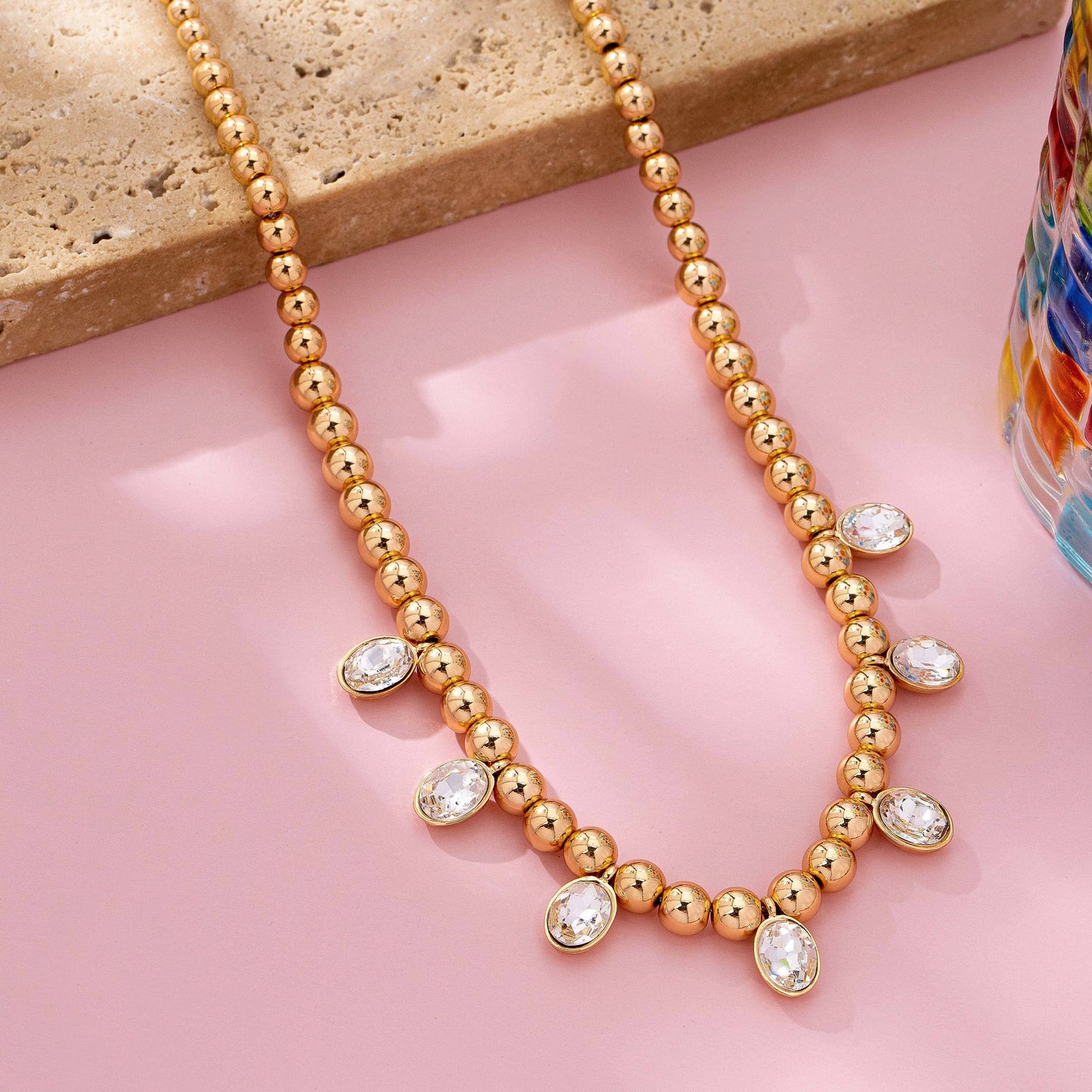 Oval Stone Beaded Ball Chain necklace | 80N92776: GOLD