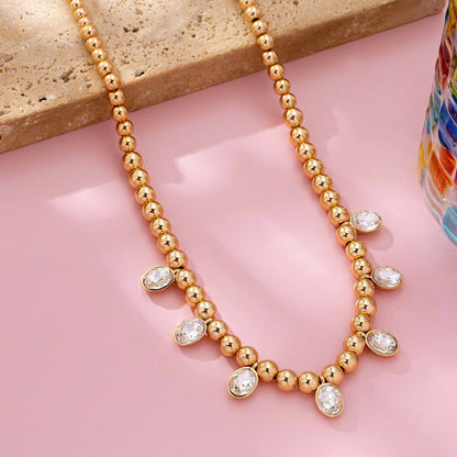 Oval Stone Beaded Ball Chain necklace | 80N92776: GOLD