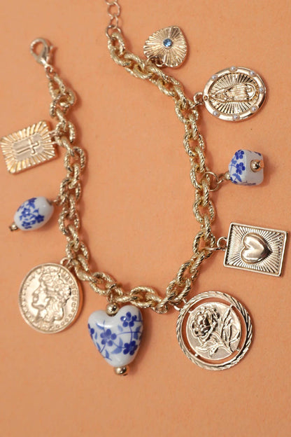BLUE CERAMIC PORCELAIN COIN CROSS CHARM BRACELET | 80B1341: Gold