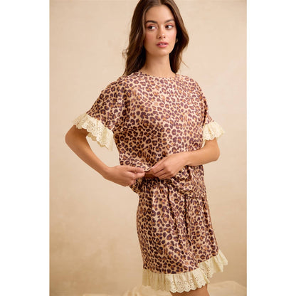 LEOPARD AND EYELET LACE RUFFLED TOP AND SHORTS SET